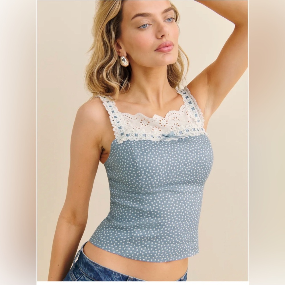 Rare Reformation Marcia Lace-Trim Blue Polka Dot Linen Top